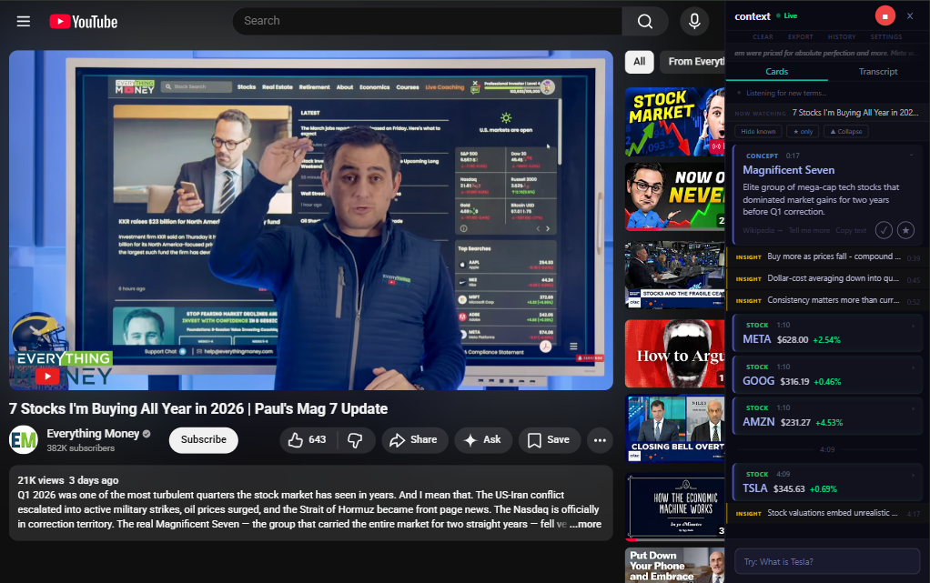 Context extension showing real-time AI cards on a YouTube video